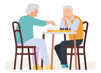 Fototapeta premium Old men playing chess board game. Elderly people activity