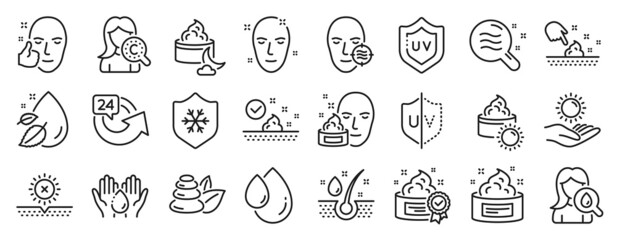 Set of Beauty icons, such as Face cream, Healthy face, Uv protection icons. 24 hours, Uv protect, Clean skin signs. Collagen skin, Oil drop, Sun cream. No sun, Serum oil, Wash hands. Vector