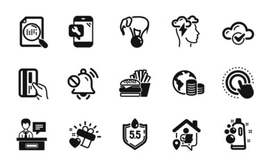 Vector set of Budget, Click hand and Elephant on ball icons simple set. Ph neutral, Burger and Search file icons. Mute sound, Clean bubbles and Exhibitors signs. Budget simple web symbol. Vector