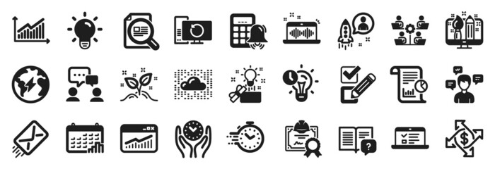 Set of Education icons, such as Teamwork, Conversation messages, Startup icons. Time management, Payment exchange, Report signs. Light bulb, Website statistics, People chatting. E-mail. Vector