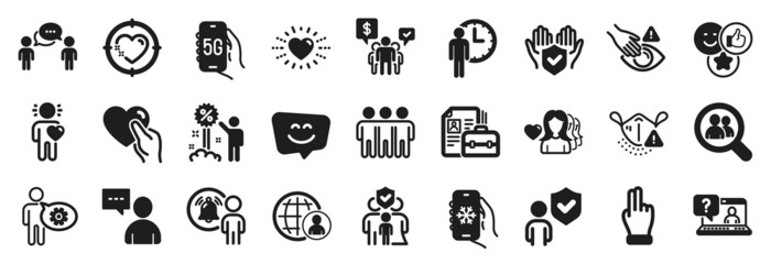 Set of People icons, such as Smile face, Search employees, Woman love icons. Users chat, International recruitment, Waiting signs. Cogwheel, 5g internet, Heart. Heart target, Click hand. Vector