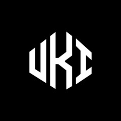 UKI letter logo design with polygon shape. UKI polygon and cube shape logo design. UKI hexagon vector logo template white and black colors. UKI monogram, business and real estate logo.