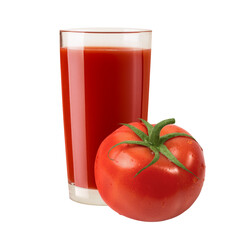 Glass of tomato juice and fresh tomato isolated on white background