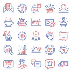Business icons set. Included icon as Notification bubble, Stock analysis, Dots message signs. Loan percent, Credit card, Clapping hands symbols. Headhunter, Romantic dinner, Puzzle options. Vector