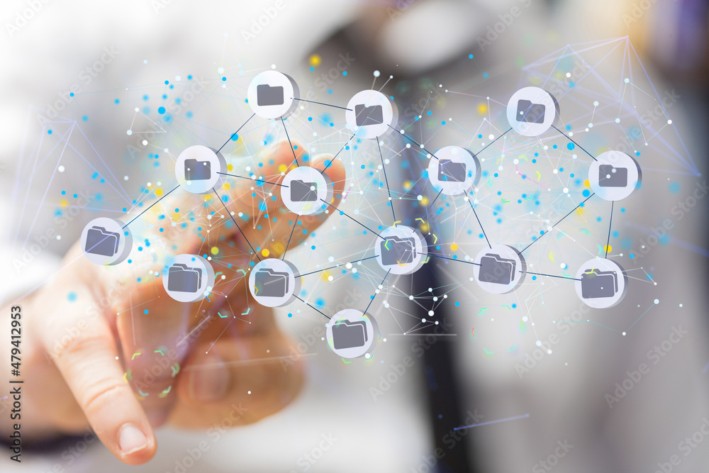 Poster Augmented Analytics Data cloud storage network from lines, triangles and particle style design. Illustration