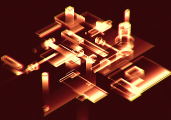 Abstract 3d orange color blockchain isometric digital technology texture background.