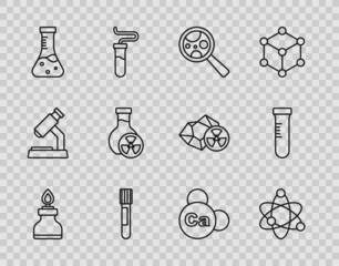 Set line Alcohol or spirit burner, Atom, Microorganisms under magnifier, Test tube, with toxic liquid, Mineral Ca Calcium and icon. Vector