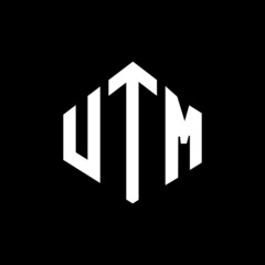 UTM letter logo design with polygon shape. UTM polygon and cube shape logo design. UTM hexagon vector logo template white and black colors. UTM monogram, business and real estate logo.