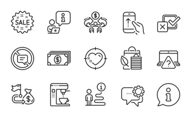 Business icons set. Included icon as Checkbox, Coffee maker, Employees messenger signs. Heart target, Stop talking, Bio shopping symbols. Sale, Swipe up, Banking. Financial goal. Vector
