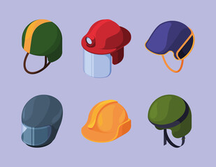 Helmet isometric. Workers and sport helmets collection diving bikes risk security protection caps hats for astronauts and vr gamers garish vector set