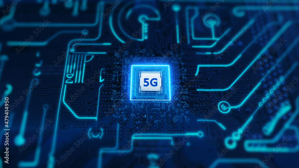 Poster 3d rendering of computer microchip processor with 5g built-in support ready for next generation comm