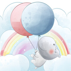Cute hippo flying with balloon © Sofyan