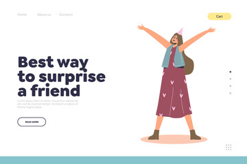 Best way to surprise friend concept of landing page with cheerful girl at holiday party
