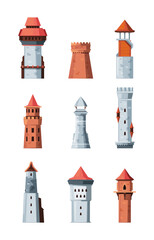 Medieval towers. Bastion fortress magical ancient old castles towers vintage fairytale buildings garish vector cartoon pictures set isolated