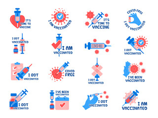 Vaccination symbols. Virus protected badges with syringe picture vaccination pharmaceutical pictures medical sticker recent vector illustration