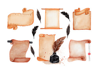 set of Old paper vertical scrolls with feather and inkwell. Watercolor hand drawn illustration. old paper scroll or parchment with place for inscription isolated on white background,