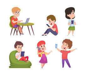 Gadgets kids. Adorable happy children using laptop smartphones tablets touch on digital phone screen holding electronic technics exact vector future technology concept