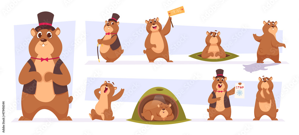 Wall mural groundhogs. cute wild animals day of time loop groundhogs illustrations in cartoon style exact vecto - Wall murals