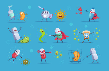 Antibiotic fighters. Healthy medical concept antibiotic characters destroyed viruses treatment exact vector cartoon persons in action poses