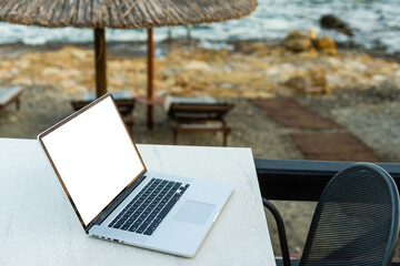 computer on table background as a pool.