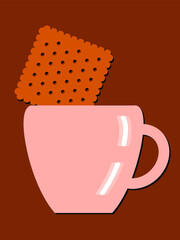 Vector graphics - pink porcelain cup with hot cocoa and a square cracker with holes close-up of brown trendy colors. Concept coffee break
