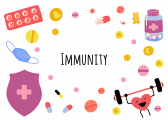 Bundle of vector illustration, immunity theme set. Vitamins, medications isolated on white background. Flat cartoon vector illustration