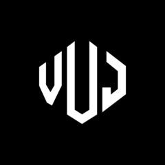 VUJ letter logo design with polygon shape. VUJ polygon and cube shape logo design. VUJ hexagon vector logo template white and black colors. VUJ monogram, business and real estate logo.