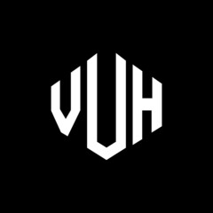 VUH letter logo design with polygon shape. VUH polygon and cube shape logo design. VUH hexagon vector logo template white and black colors. VUH monogram, business and real estate logo.