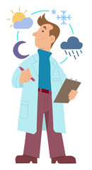 
Meteorologist. Isolated illustration of a scientist. The man is a scientist. Weather signs. Meteorology.