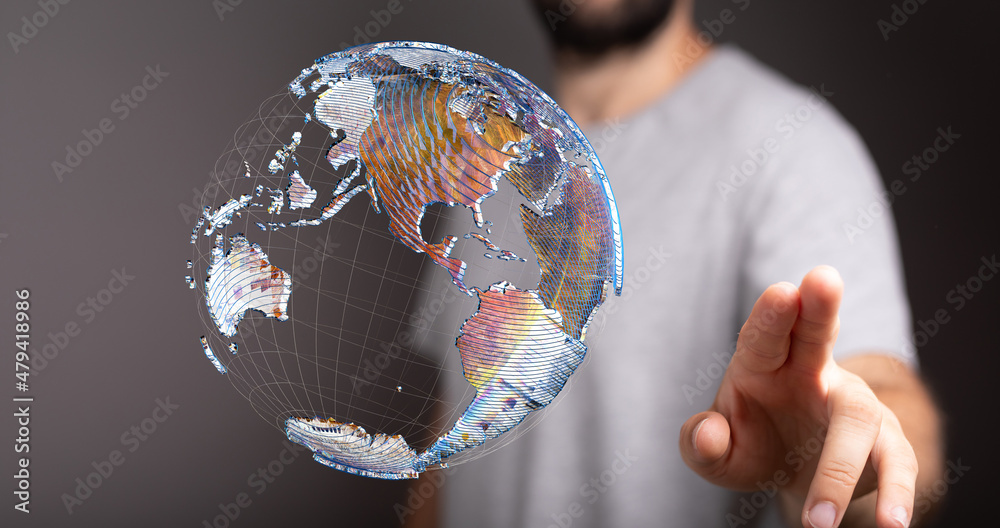 Poster Communication technology for internet business. Global world network and telecommunication on earth cryptocurrency and blockchain