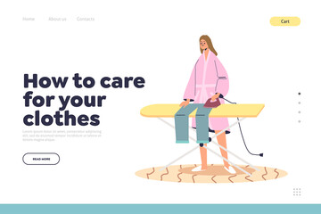 Care for clothes concept of landing page with woman ironing laundry after wash