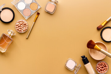 Frame of decorative makeup cosmetic products. Beauty background