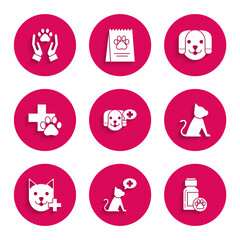 Set Veterinary clinic symbol, Dog medicine bottle, Cat, and Hands with animals footprint icon. Vector