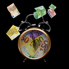 Zeit ist Geld, Wecker und Geldscheine in einer Collage