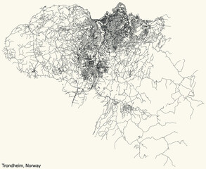 Detailed navigation black lines urban street roads map of the Norwegian regional capital city of TRONDHEIM, NORWAY on vintage beige background