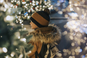 Boy in a knitted hat with a pompom on the background of christmas garlands.