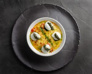 Potato gnocchi au gratin in mozarella cheese and pesto sauce