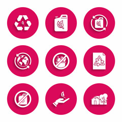 Set No trash, Sprout in hand of environmental protection, Eco friendly house, Paper with recycle, canister for gasoline, Planet earth recycling, Bio fuel and Recycle symbol leaf icon. Vector