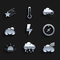 Set Lightning bolt, Cloud with rain, Rainbow clouds, Wind rose, Sunrise, and weather, Windy and Falling star icon. Vector