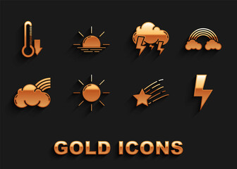 Set Sun, Rainbow with clouds, Lightning bolt, Falling star, Storm, Thermometer and Sunrise icon. Vector