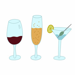 A set of glasses with wine, champagne and vermouth. Simple vector illustration of glasses with alcoholic drinks. Hand drawn wine glasses