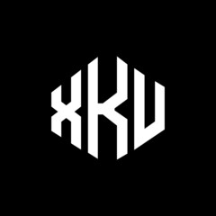XKU letter logo design with polygon shape. XKU polygon and cube shape logo design. XKU hexagon vector logo template white and black colors. XKU monogram, business and real estate logo.