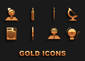 Set Pen, Microscope, Ringing alarm bell, Student, File document and paper clip, Pencil with eraser, Teacher and Stationery knife icon. Vector