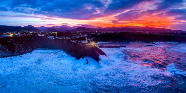 Aerial view with drone of Luarca in Asturias at sunset. Spain