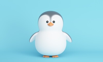 Cute little penguin on blue background. 3d rendering