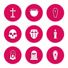 Set Hockey mask, Tombstone with RIP, Coffin christian cross, Burning candle, Funny scary ghost for Halloween, Skull, and icon. Vector
