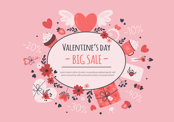 Valentines Day sale banner. Valentines Day elements. Vector illustration