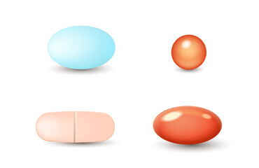 Realistic pills and tablets. Medicine round vitamin, capsule drugs, painkillers, healthcare pharmacy
