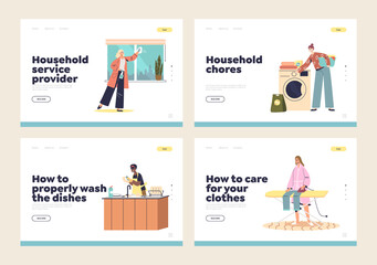 Women busy with household routine chores landing pages set. Female housekeepers housewives cleaning