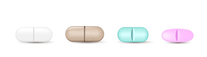 Medical pills, capsules drugs, oval. Medication prescriptions for healthcare and treatment